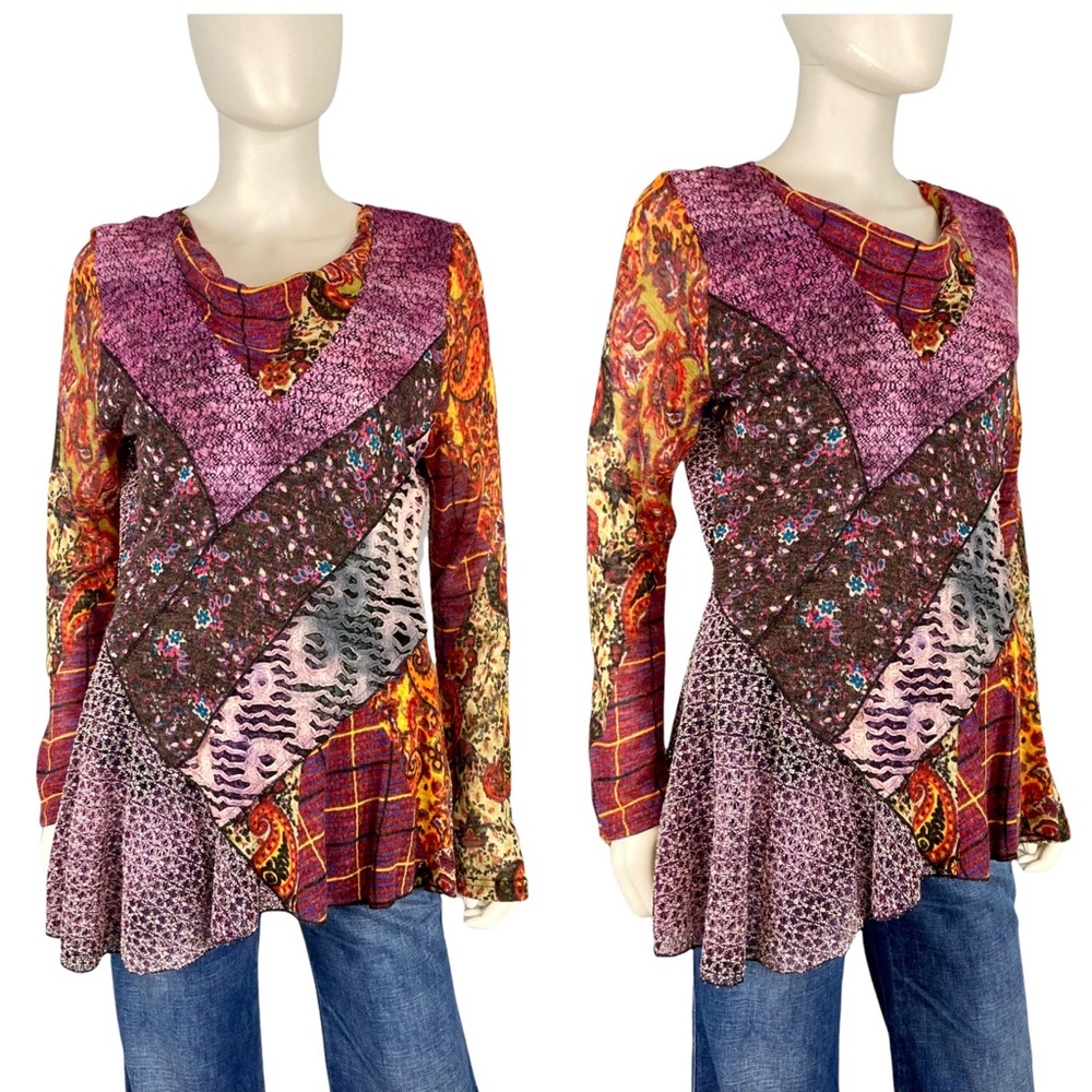 Vintage Y2k Multimedia panel textures prints lace Cowl tunic long sleeve shirt